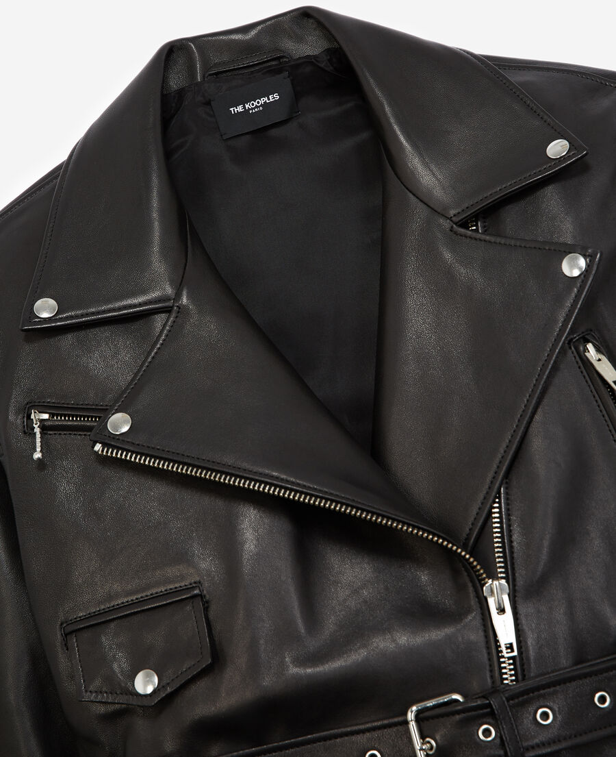 belted biker-style black leather jacket