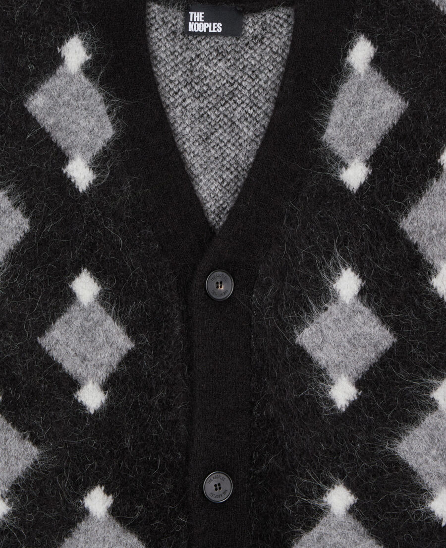 The Kooples HOMME BLACK GREY WHITE cardigan à losanges noir et gris
