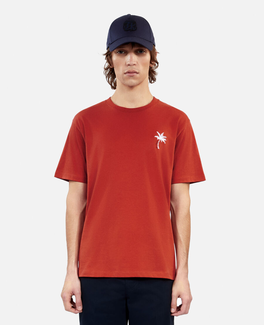 rotes t-shirt mit palmen-stickerei