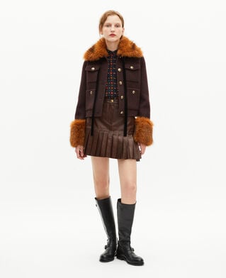 The Kooples WOMEN CHOCOLATE brown short wool jacket with sherpa collar