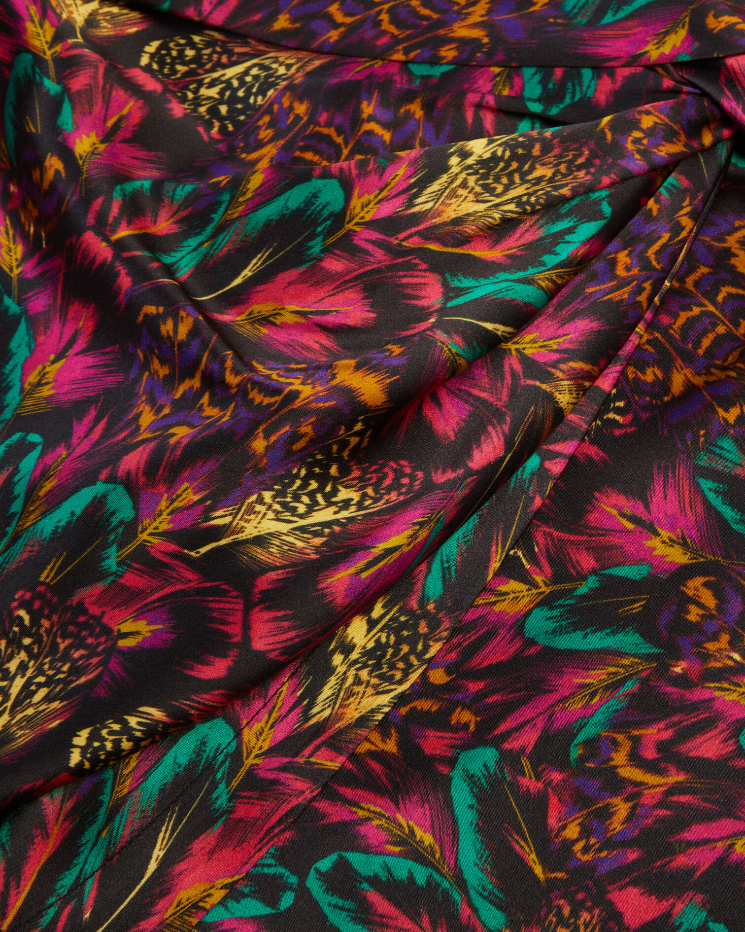 Multicolor featherprint short silk skirt with draping, MULTICOLOR, hi-res image number null