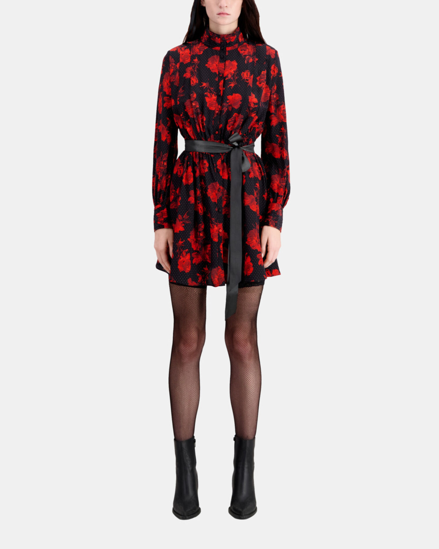 Robe chemise courte imprimée en soie, BLACK - RED, hi-res image number null
