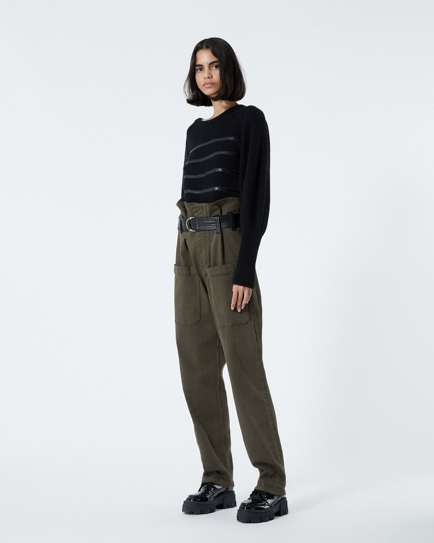 Schwarzer Pullover im Marinestil mit Leder, BLACK, hi-res image number null