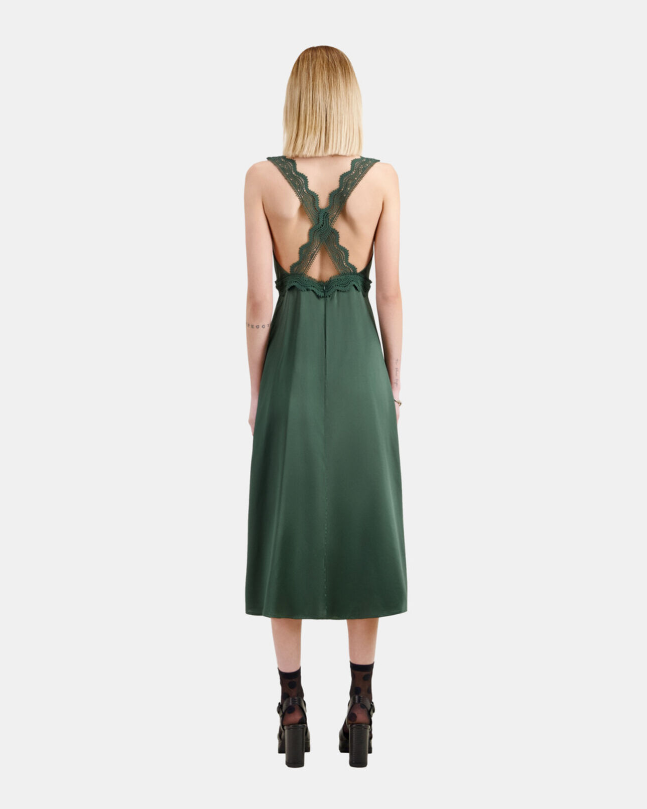 The Kooples WOMEN WOOD KAKI long green slip dress with guipure