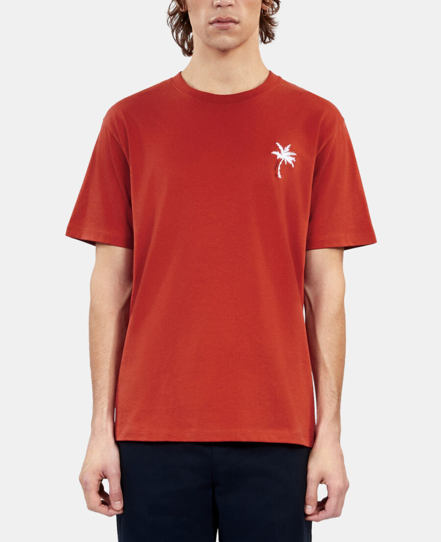 The Kooples H RED BRIQUE red t-shirt with palm tree embroidery