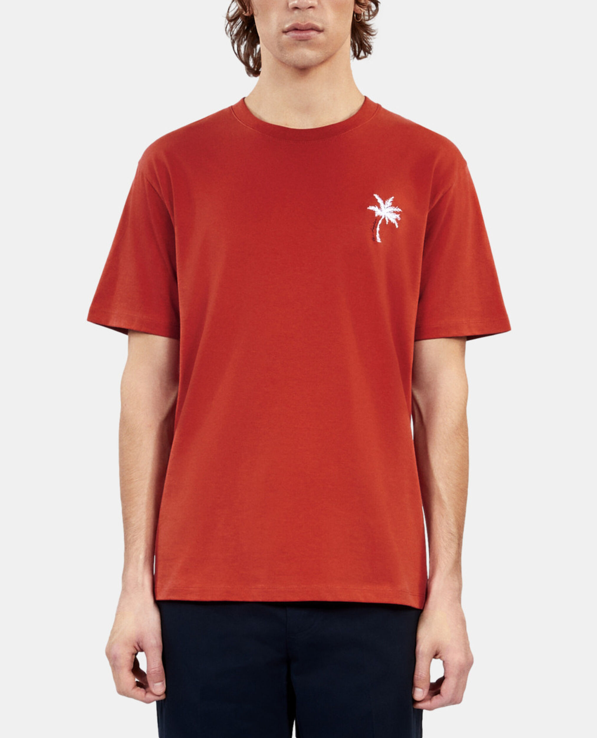 Red t-shirt with Palm tree embroidery, RED BRIQUE, hi-res image number null