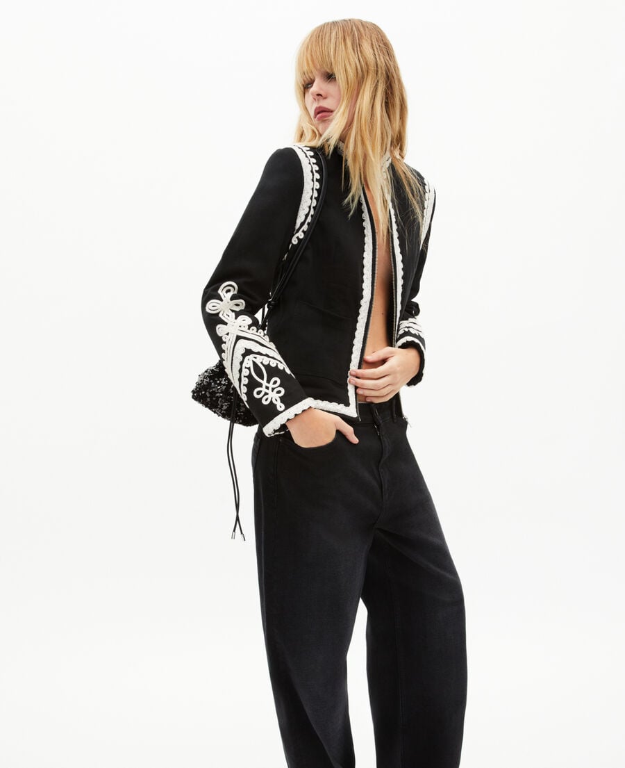 The Kooples DAMEN BLACK bestickte jacke aus schwarzer baumwolle
