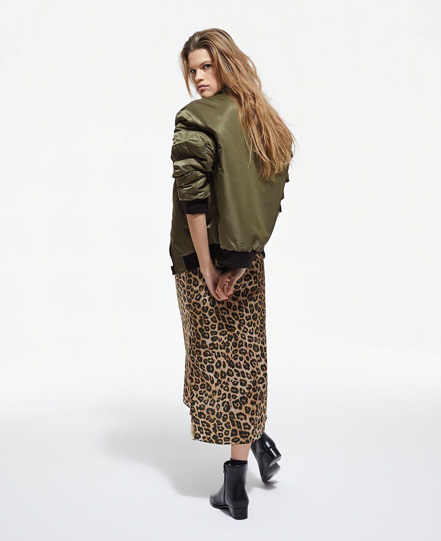 khaki bomber jacket with leopard lining