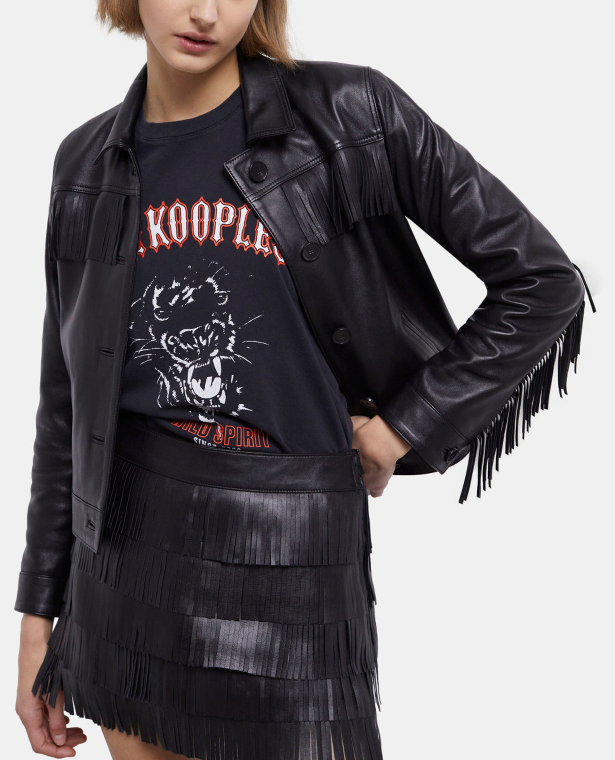 Blouson en cuir noir, BLACK, hi-res image number null