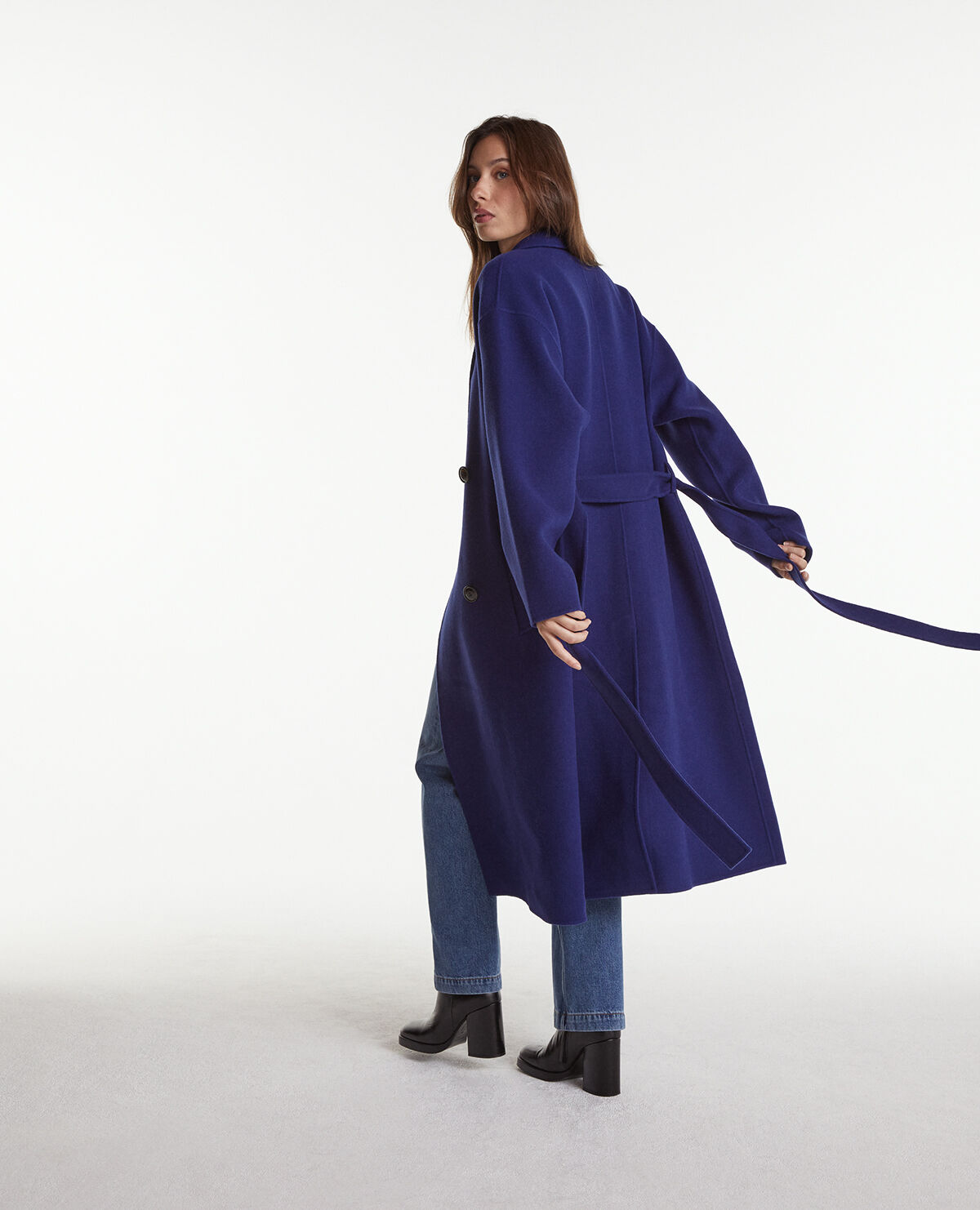 Navy belted wool coat online