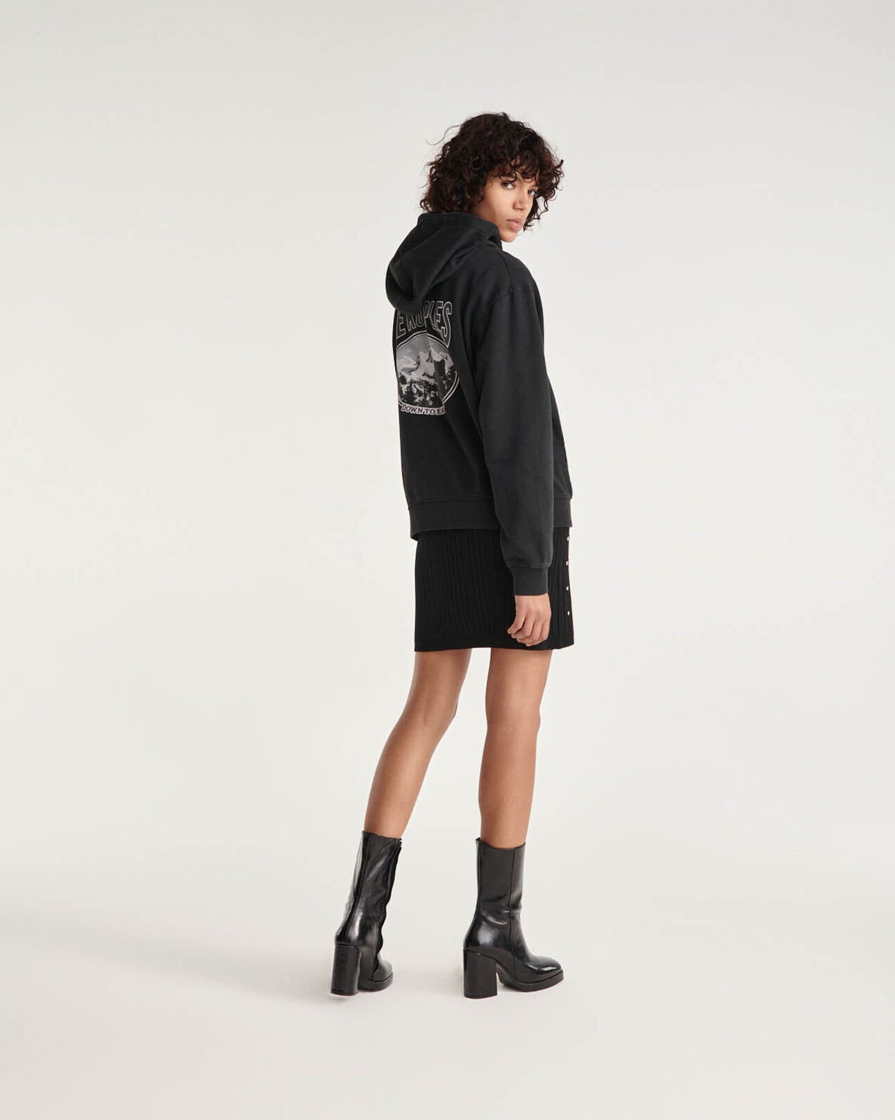 The Kooples WOMEN BLACK WASHED printed faded black sweatshirt with hood