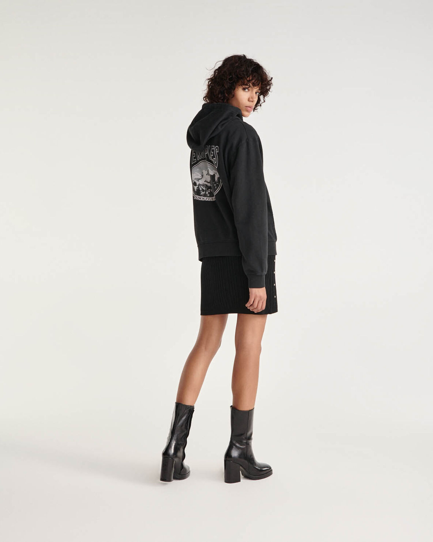 Printed faded black sweatshirt with hood, BLACK WASHED, hi-res image number null