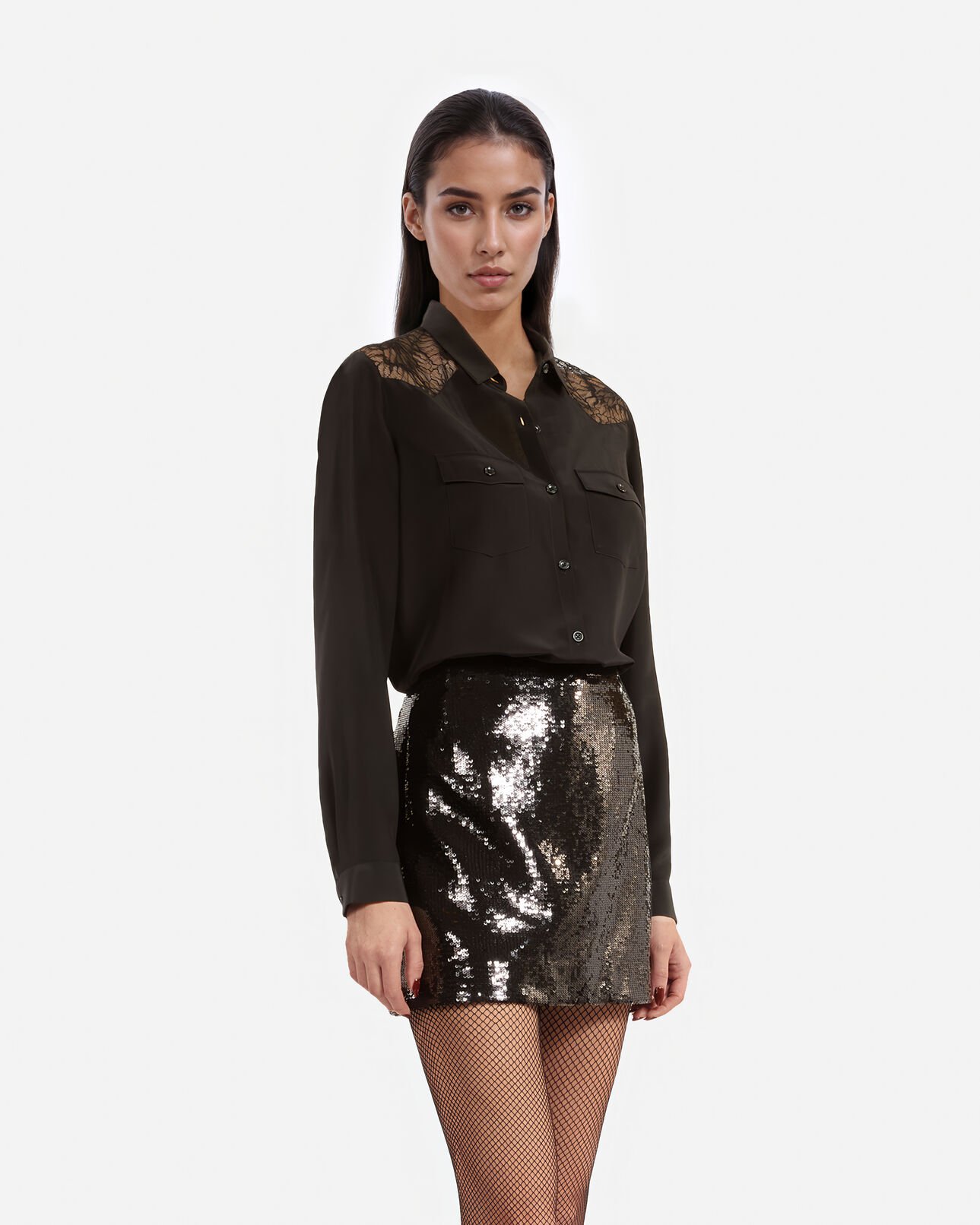 The Kooples WOMEN BLACK silk shirt with black lace