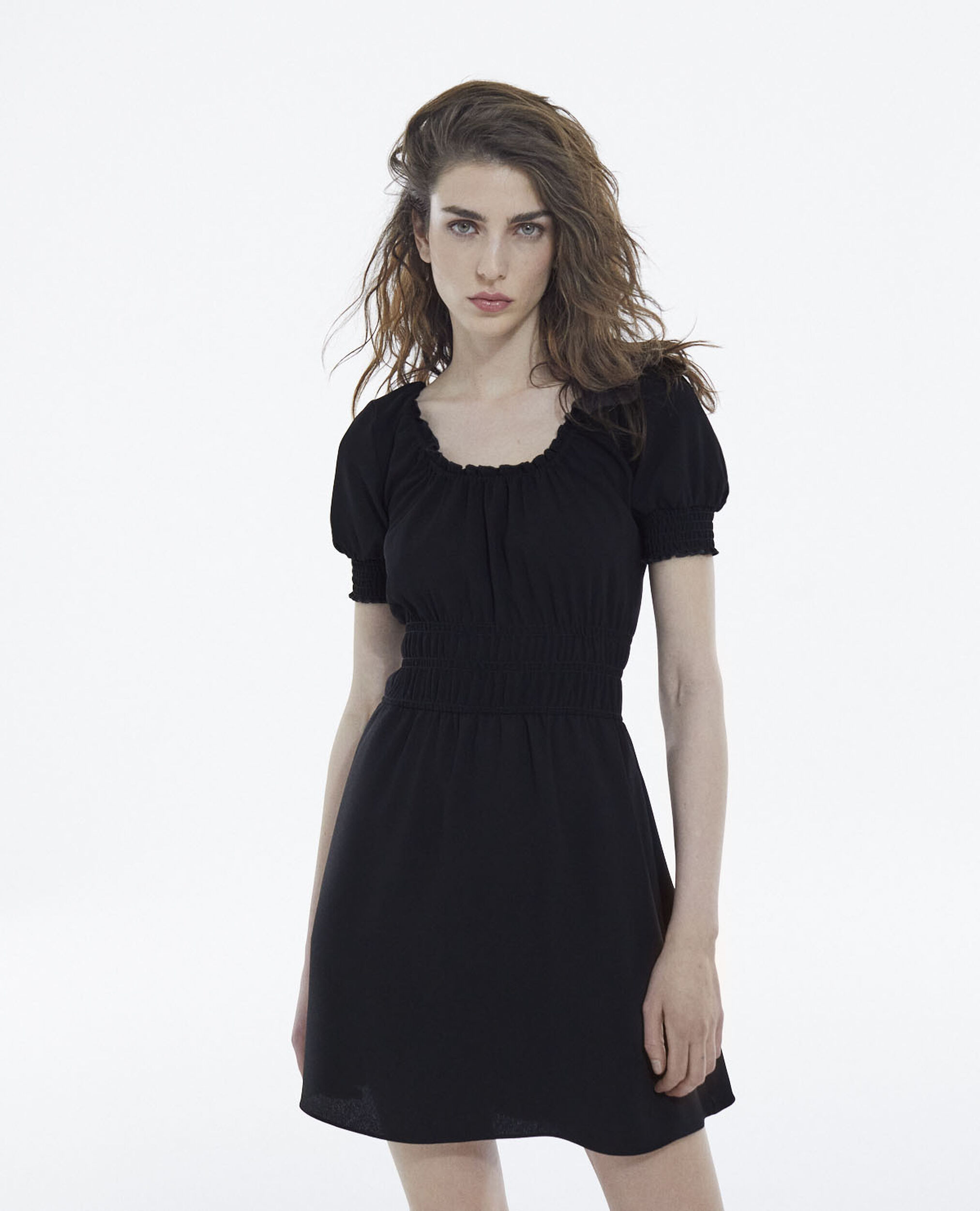 Short light black dress with puffed sleeves, BLACK, hi-res image number null