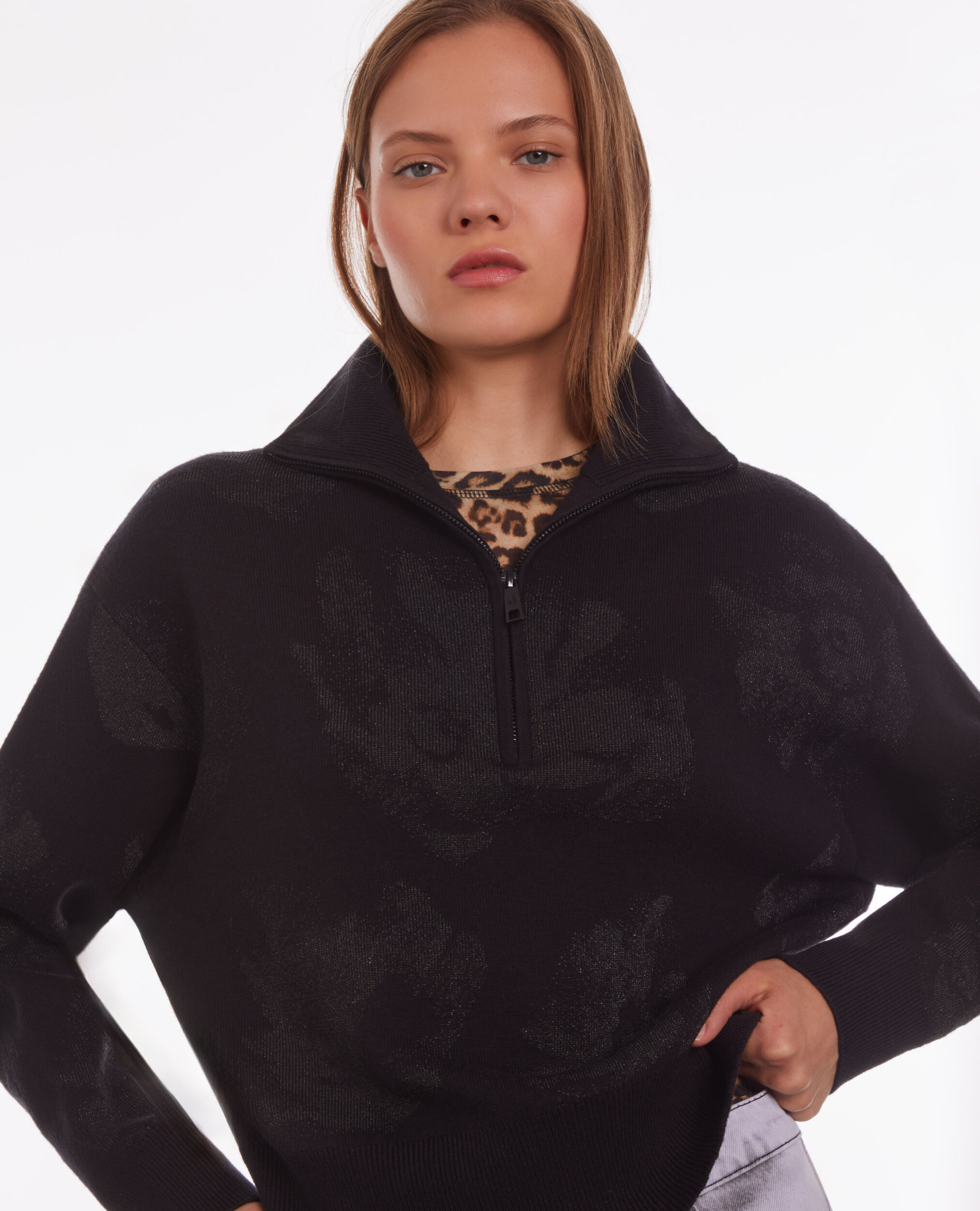Black wool-blend sweater with silver details, BLACK/BLACK, hi-res image number null