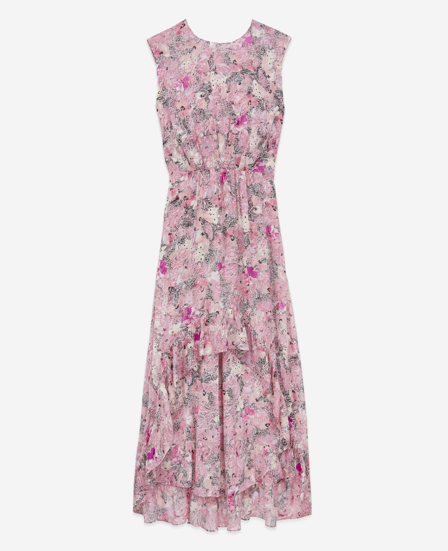 pink long flowing dress with floral print