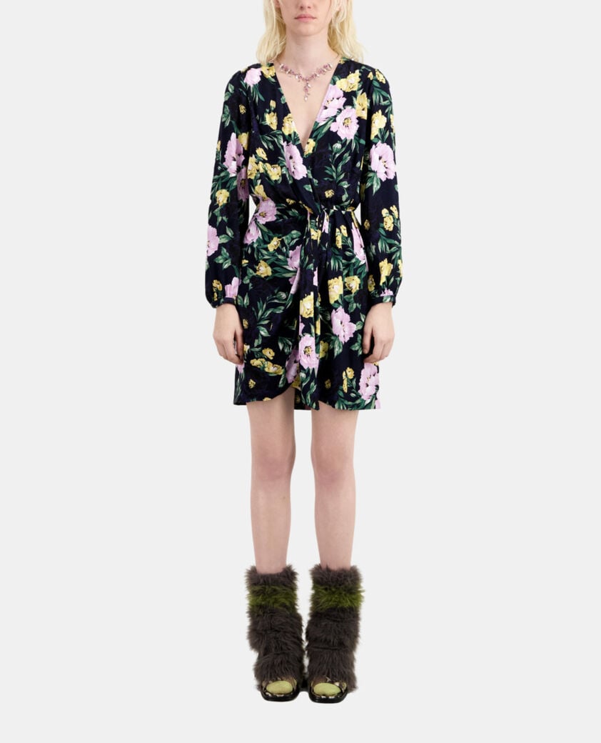 The Kooples FEMME LIGHT PINK / DARK NAVY robe courte fleurie avec drapé