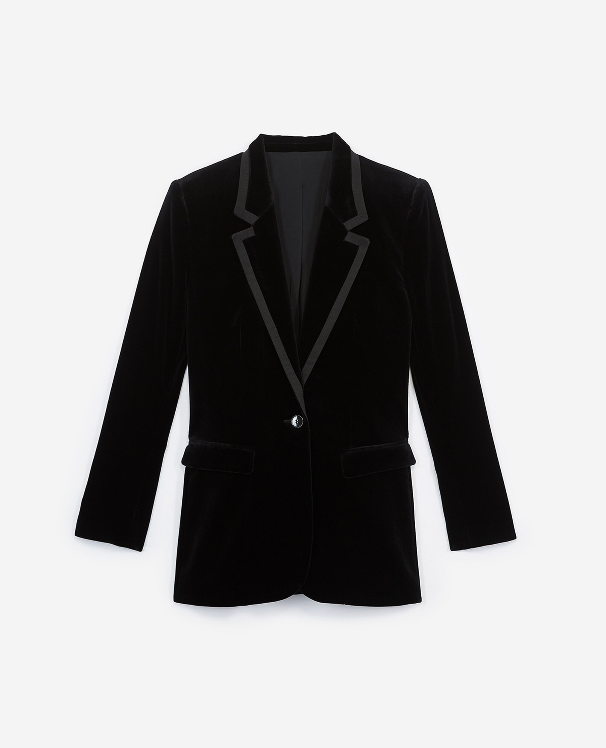 Stretchy black velvet jacket with notched lapels, BLACK, hi-res image number null