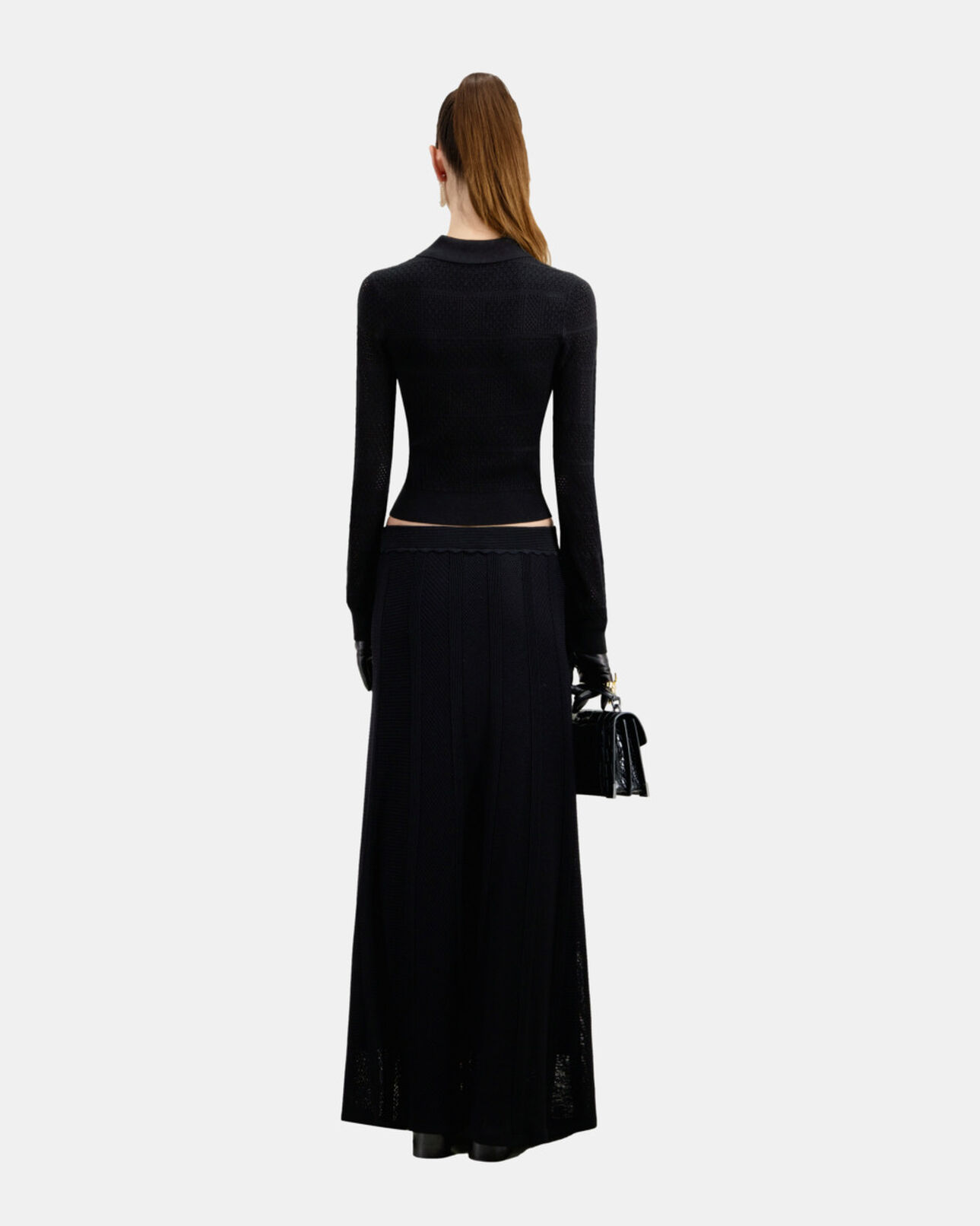 The Kooples FEMME BLACK polo en maille ajourée noir