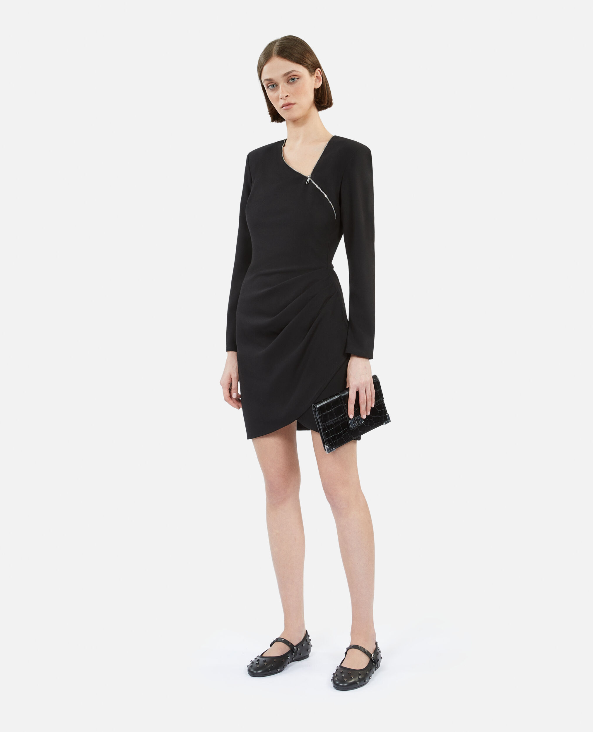 Short black crepe dress with zipper, BLACK, hi-res image number null