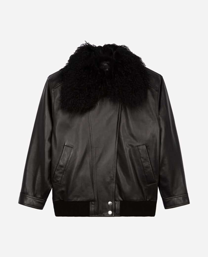 The Kooples MUJER BLACK chaqueta de piel con cuello de piel desmontable, negra