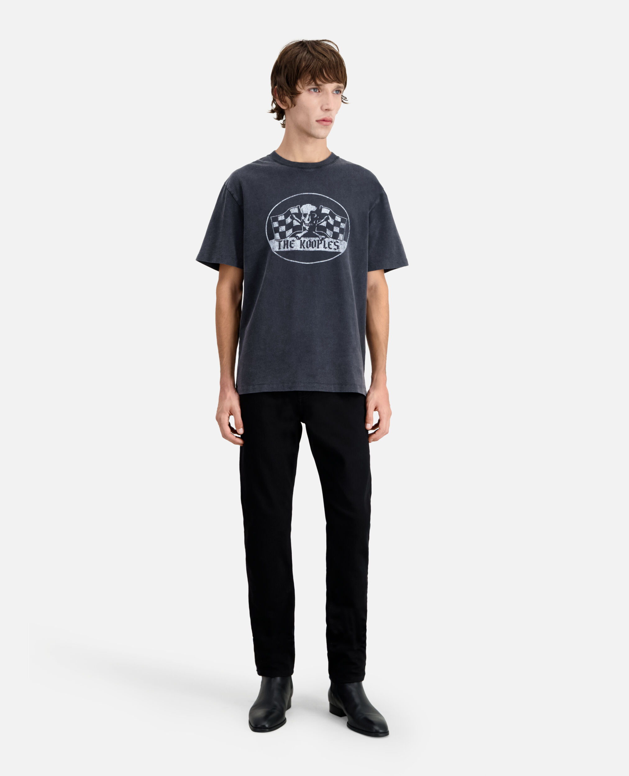 Schwarzes T-Shirt Herren mit Racing-Skull-Siebdruck, BLACK WASHED, hi-res image number null