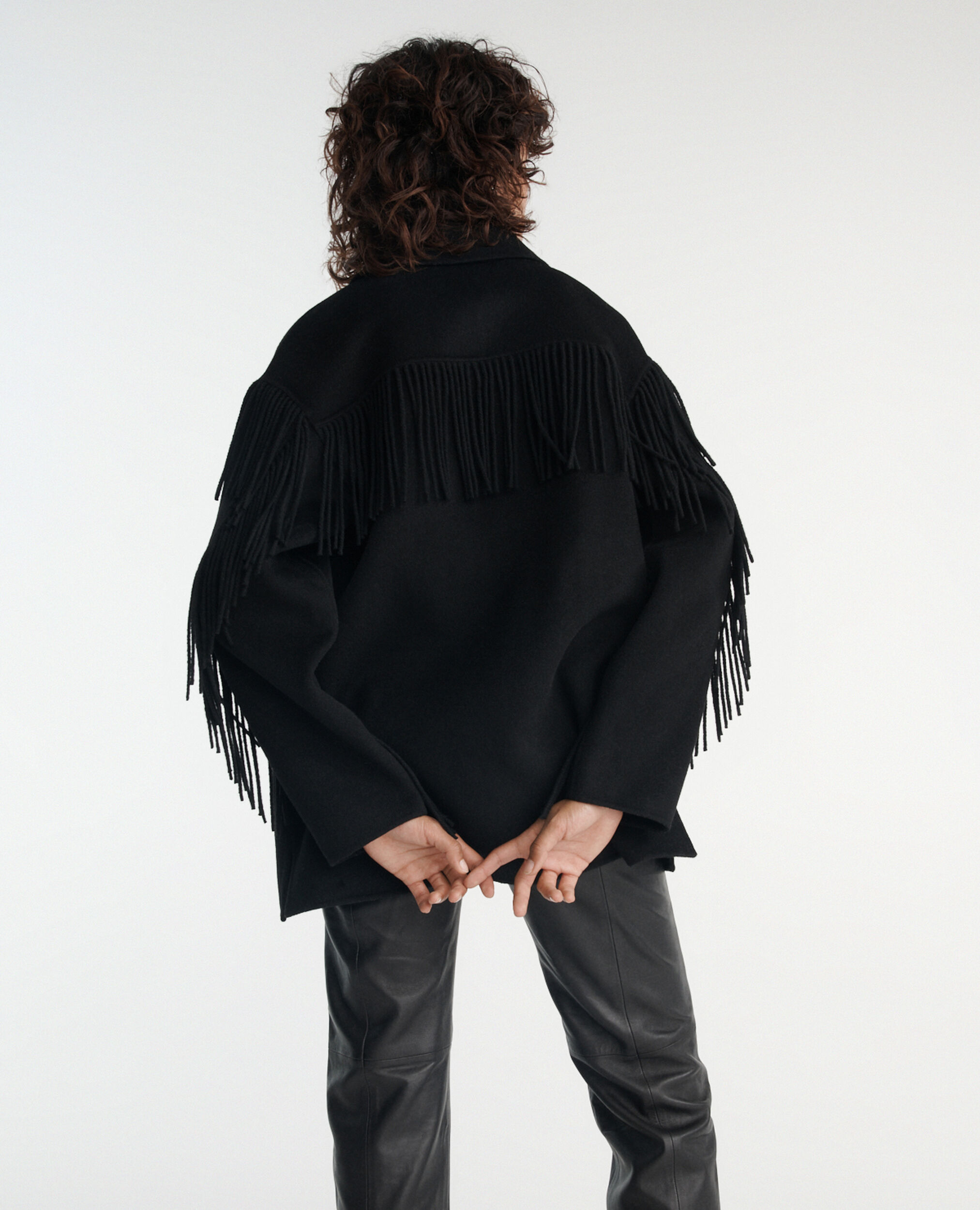 Chaqueta lana negra flecos estilo western, BLACK, hi-res image number null
