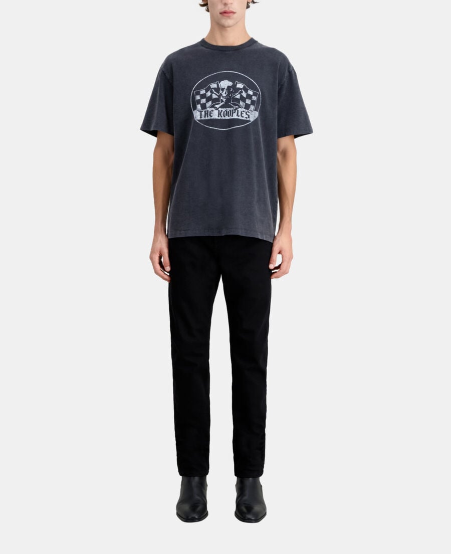 The Kooples H BLACK WASHED men's black t-shirt with racing skull serigraphy