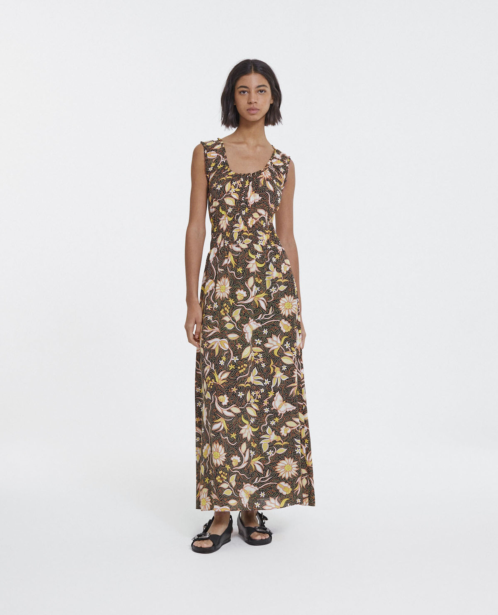 Black long summer dress with all-over floral motif, BLACK, hi-res image number null