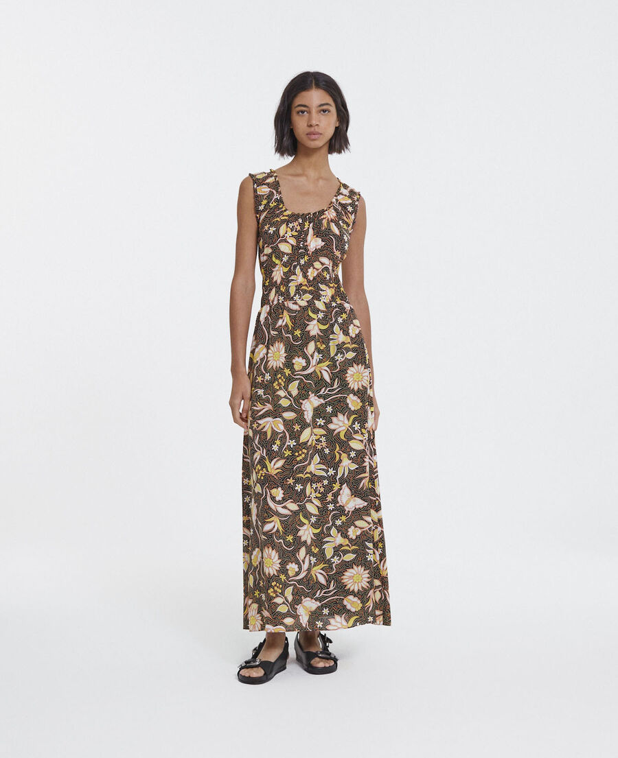 black long summer dress with all-over floral motif
