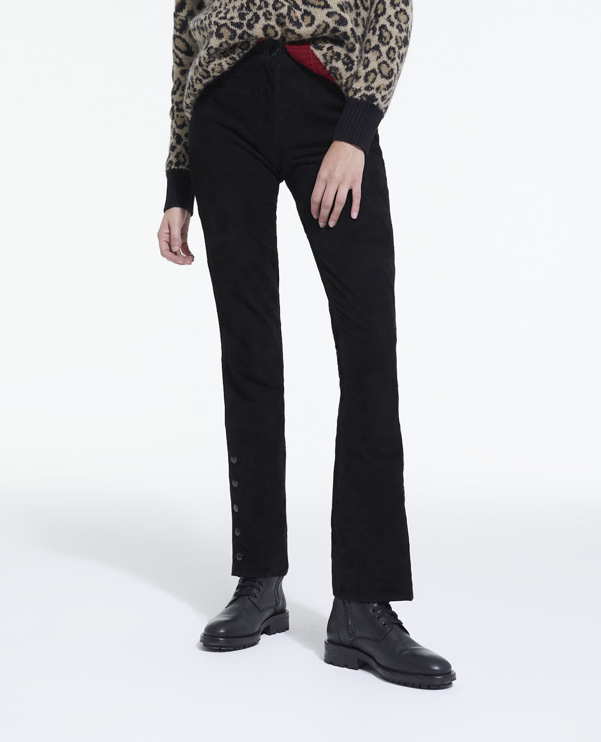 Black suede leather straight-cut pants, BLACK, hi-res image number null