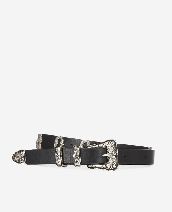 Thin black belt with logo and Western-style buckle