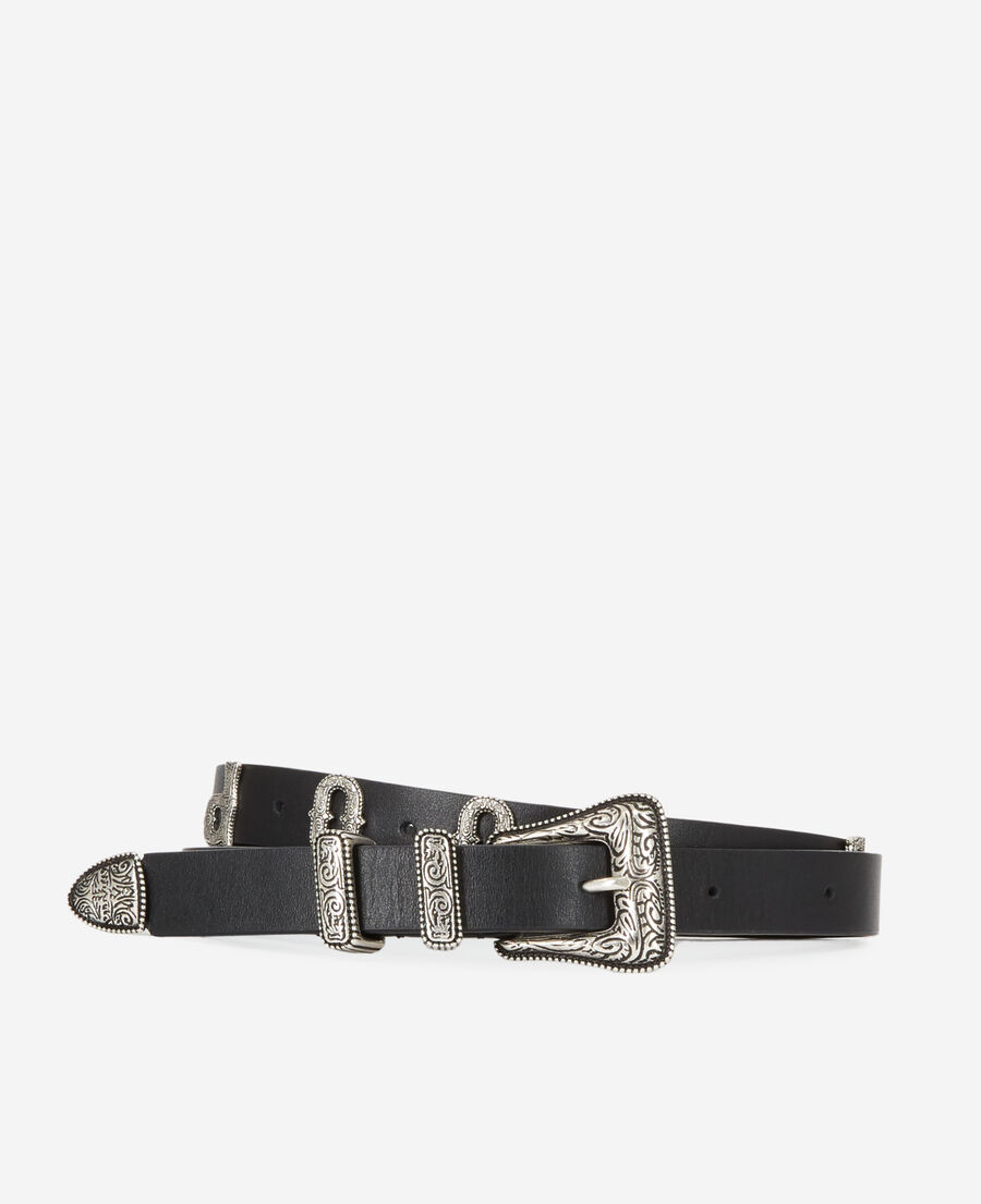 thin black belt with logo and western-style buckle