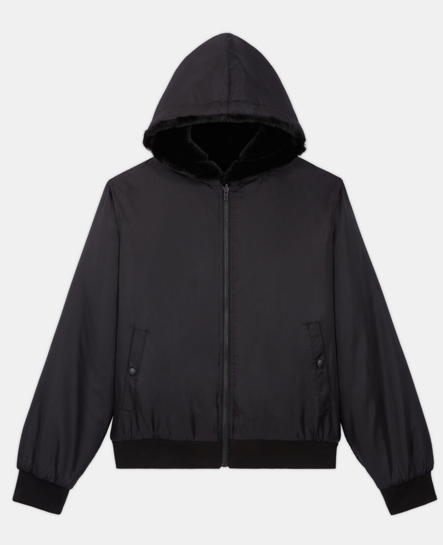 manteau fausse fourrure à capuche noir