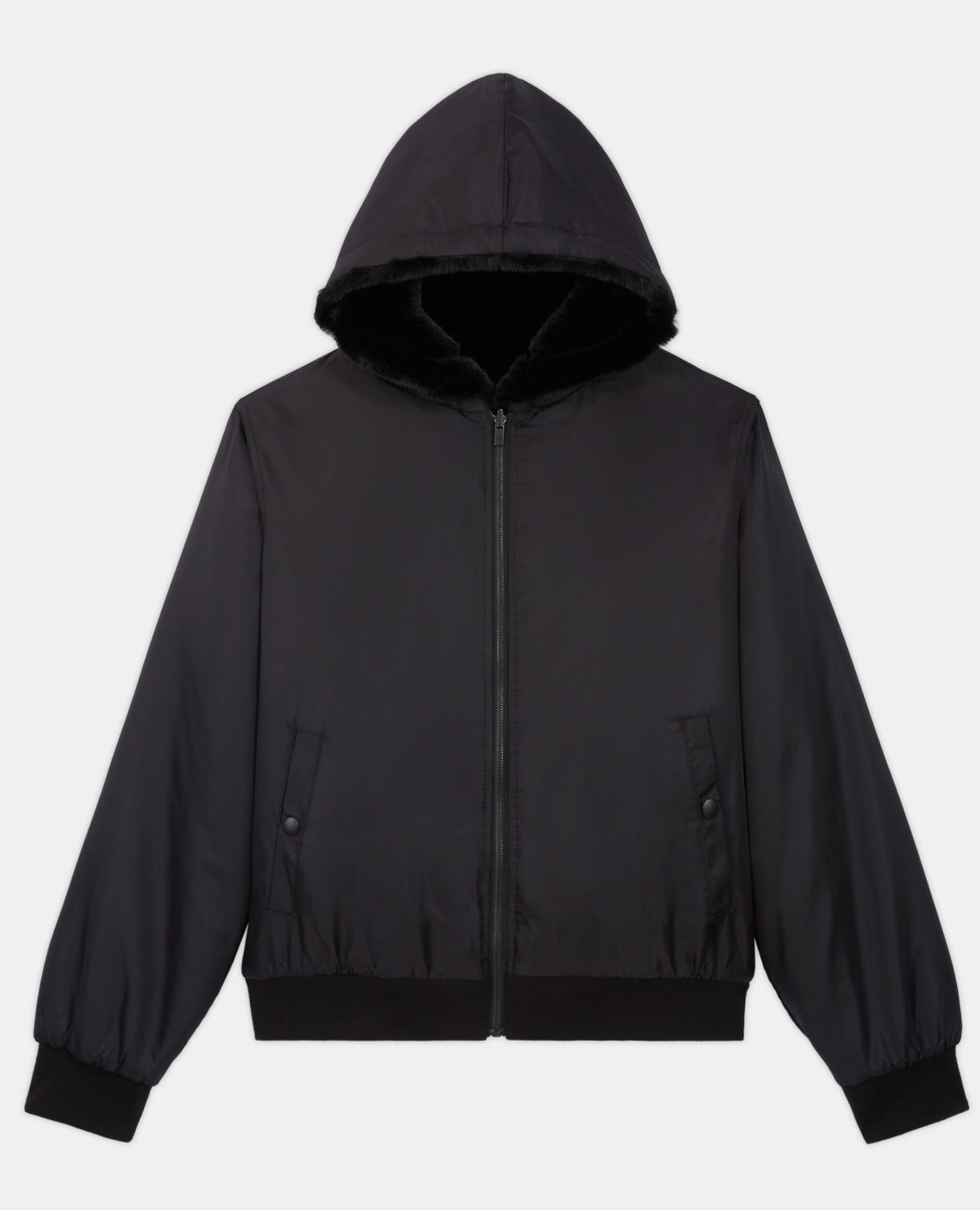 Manteau fausse fourrure à capuche noir, BLACK, hi-res image number null