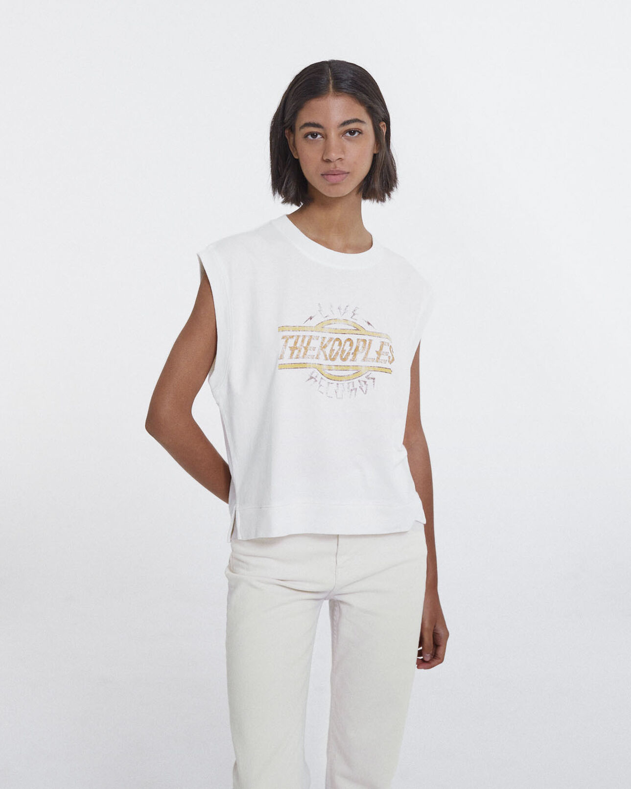 The Kooples WOMEN ECRU sleeveless printed ecru cotton t-shirt