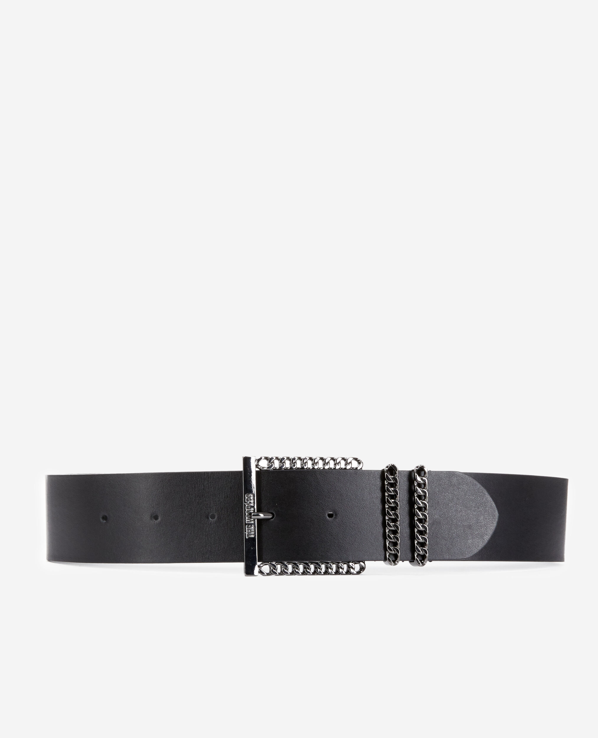 Black leather belt with chain buckle, BLACK, hi-res image number null