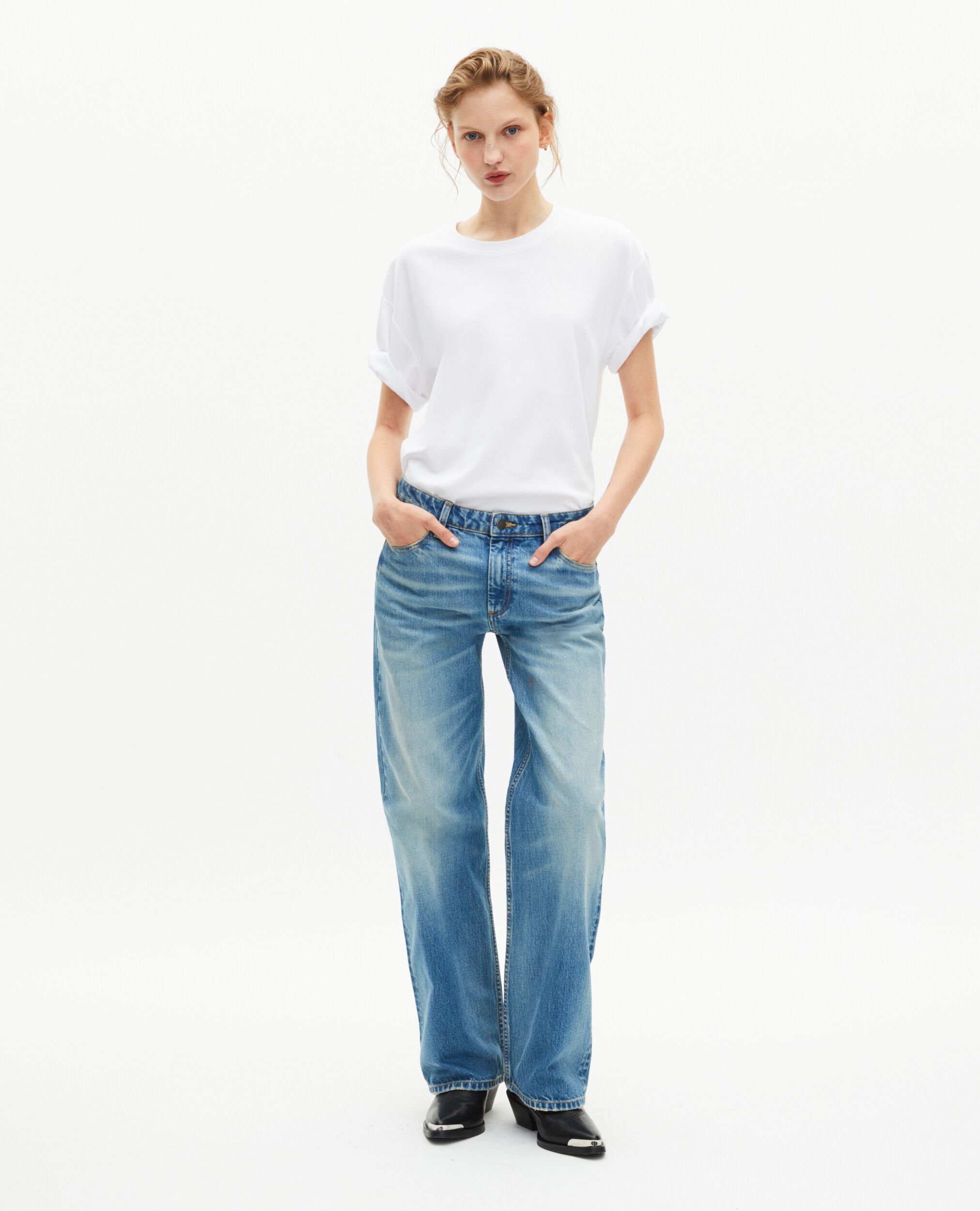 Plain white straight T-shirt, WHITE, hi-res image number null