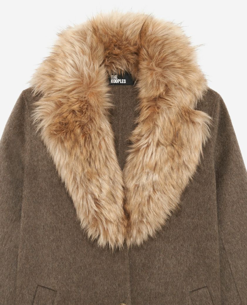 The Kooples FEMME HAZELNUT manteau long en laine double face et fourrure marron