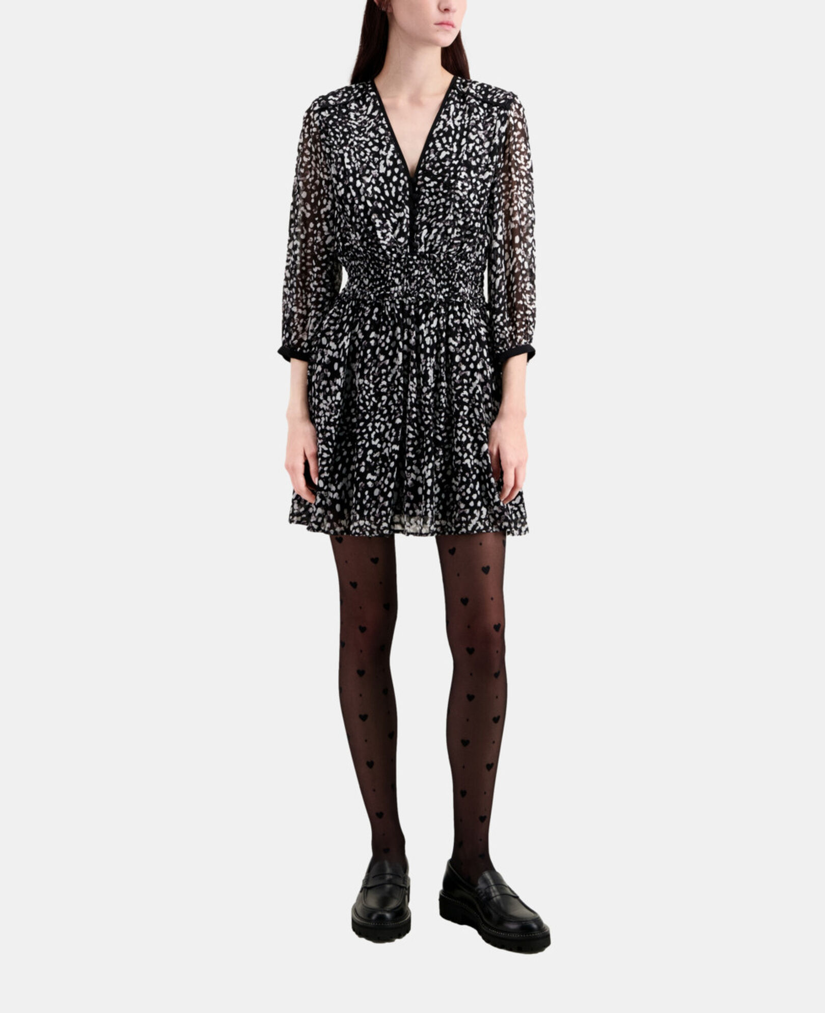 The Kooples WOMEN BLACK WHITE short printed dress with smocking