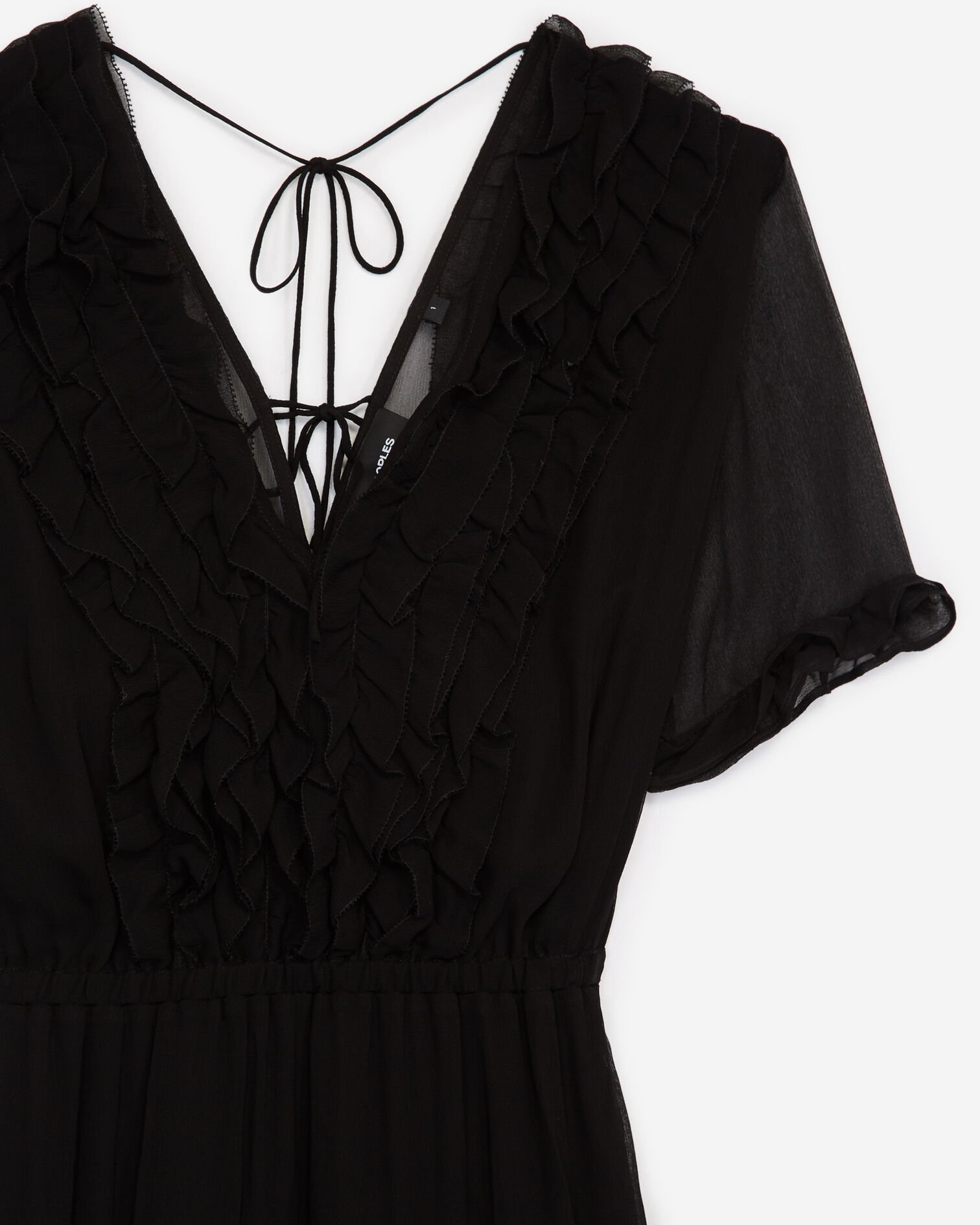 Frilly long black dress with plunging V-neck, BLACK, hi-res image number null