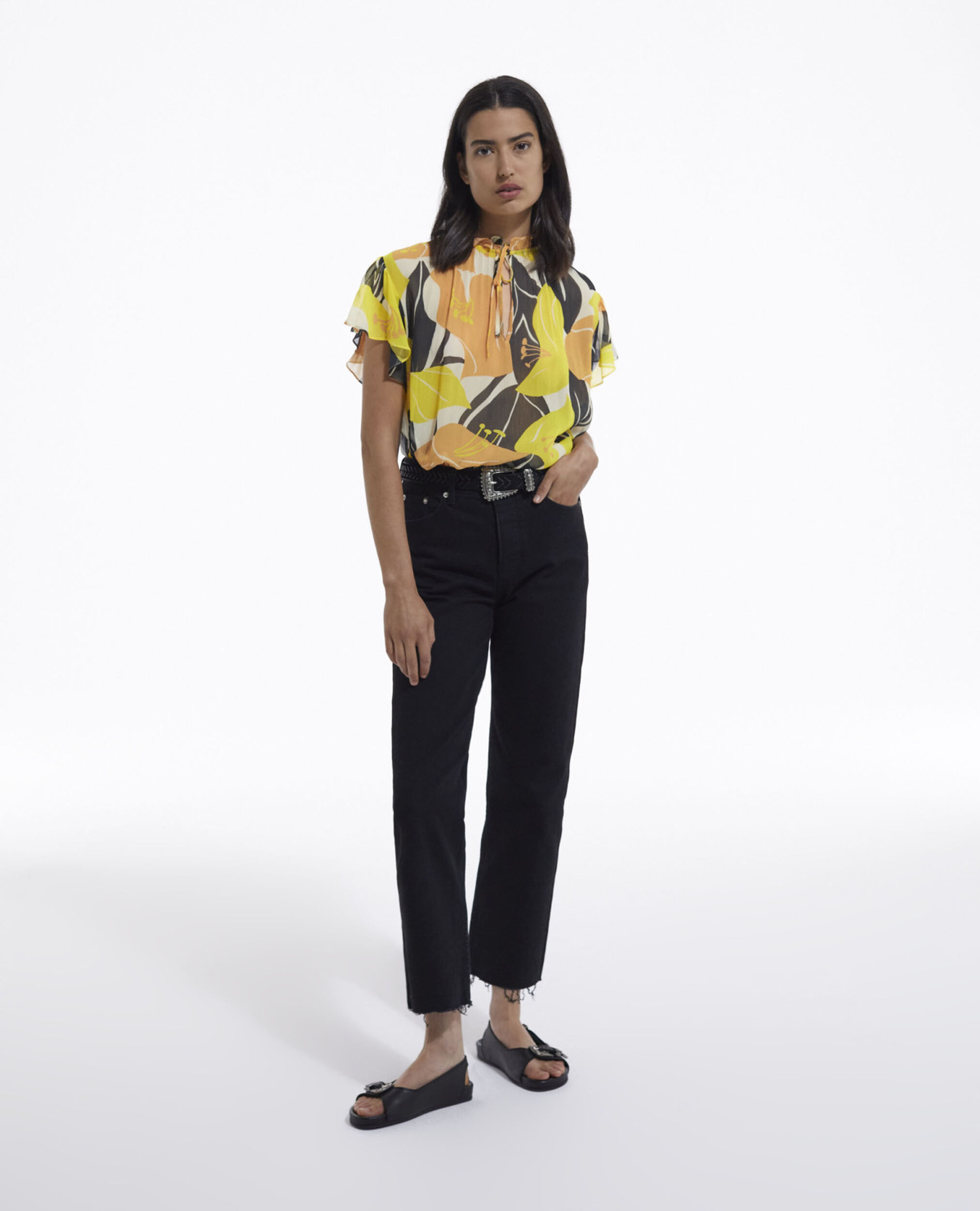 Flowing yellow printed top with frills, YELLOW, hi-res image number null