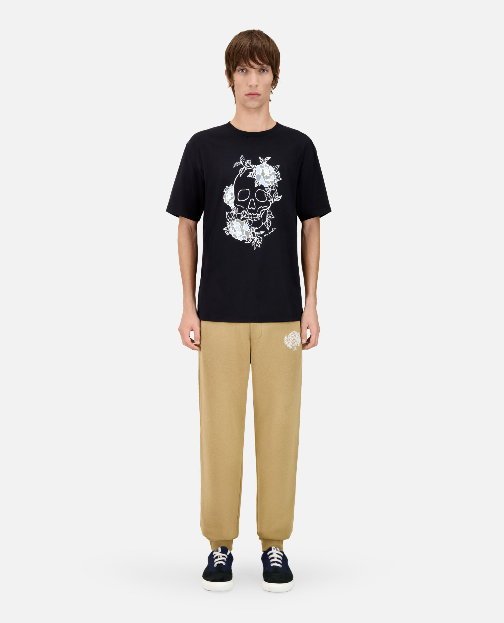 Men's black t-shirt with Flower skull serigraphy, BLACK WASHED, hi-res image number null