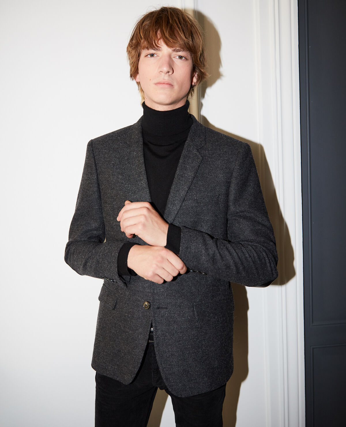 Black wool blazer with herringbone motif The Kooples