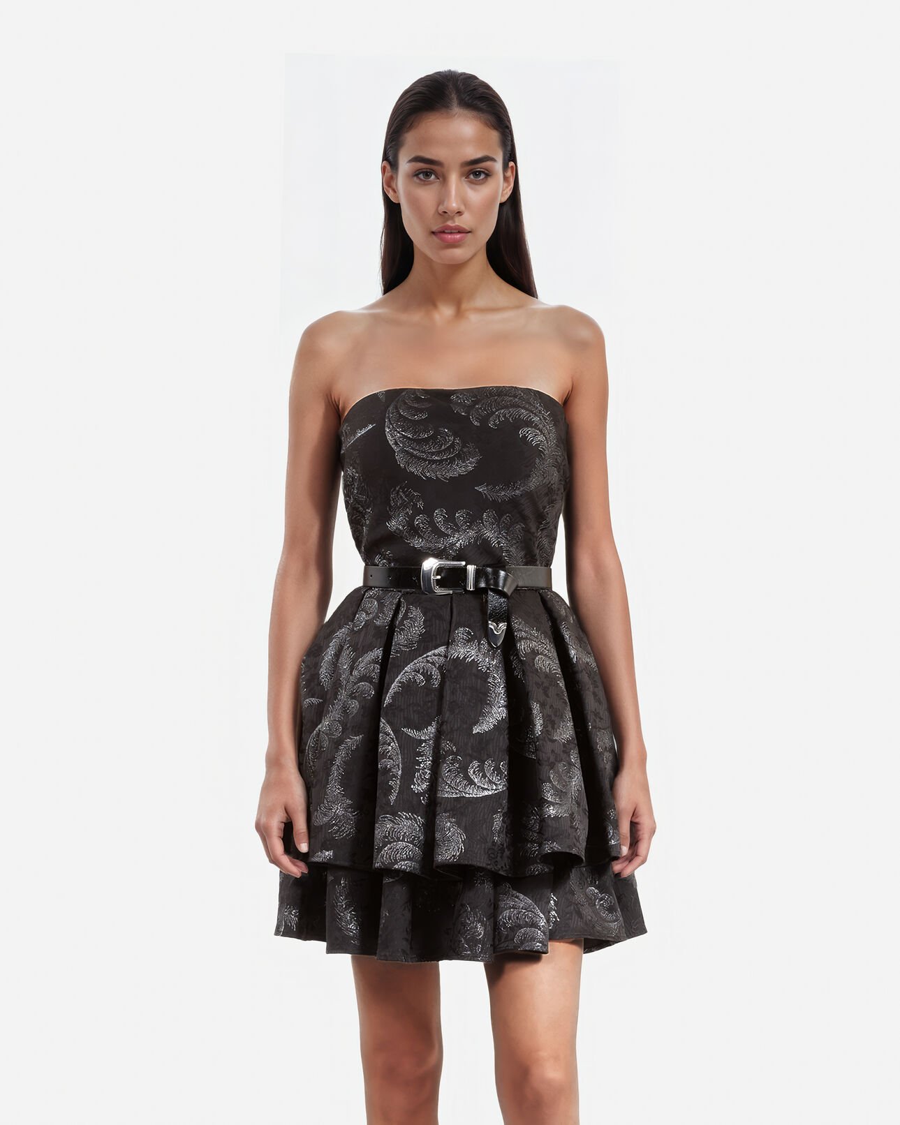 The Kooples FEMME BLACK / SILVER robe courte bustier en jacquard noire