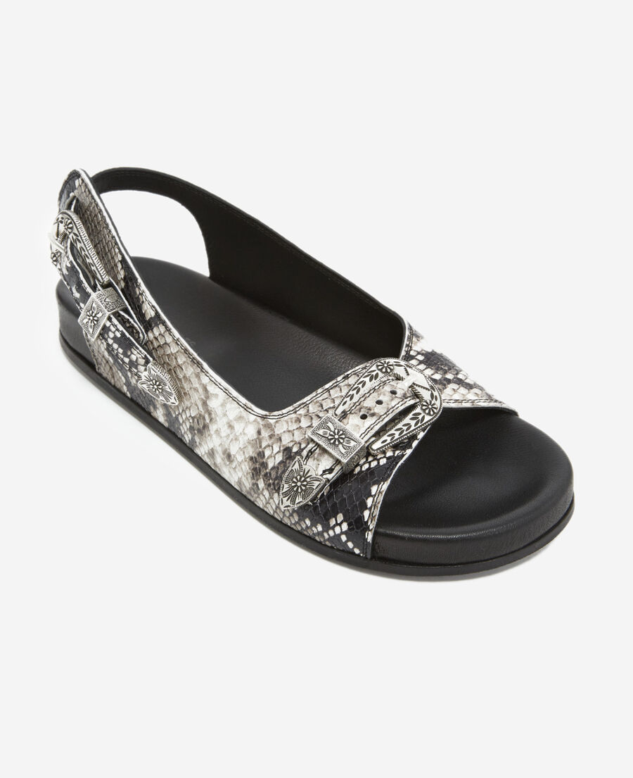 sandales cuir noires et grises plates à motif