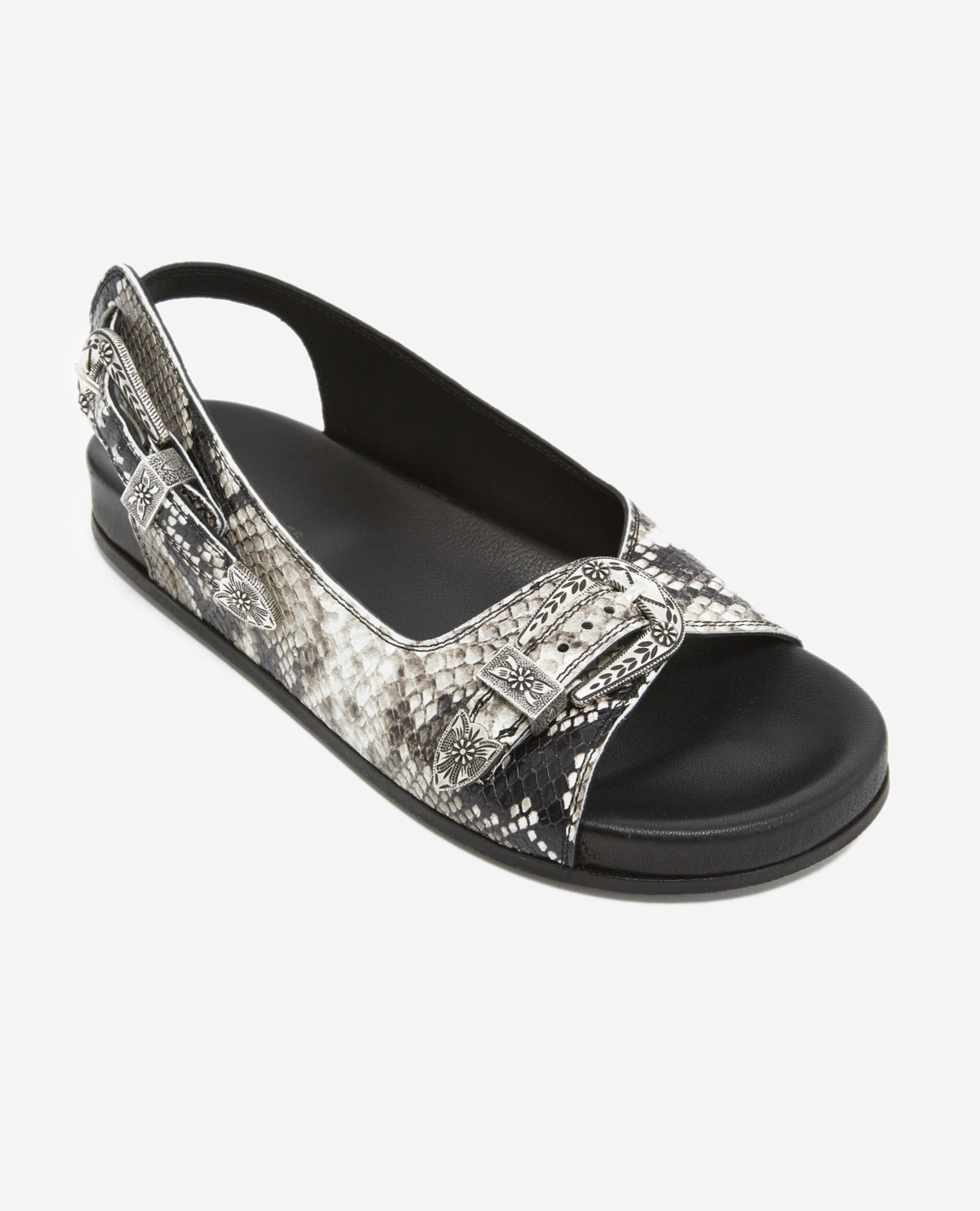 Sandales cuir noires et grises plates à motif, BLACK GREY, hi-res image number null