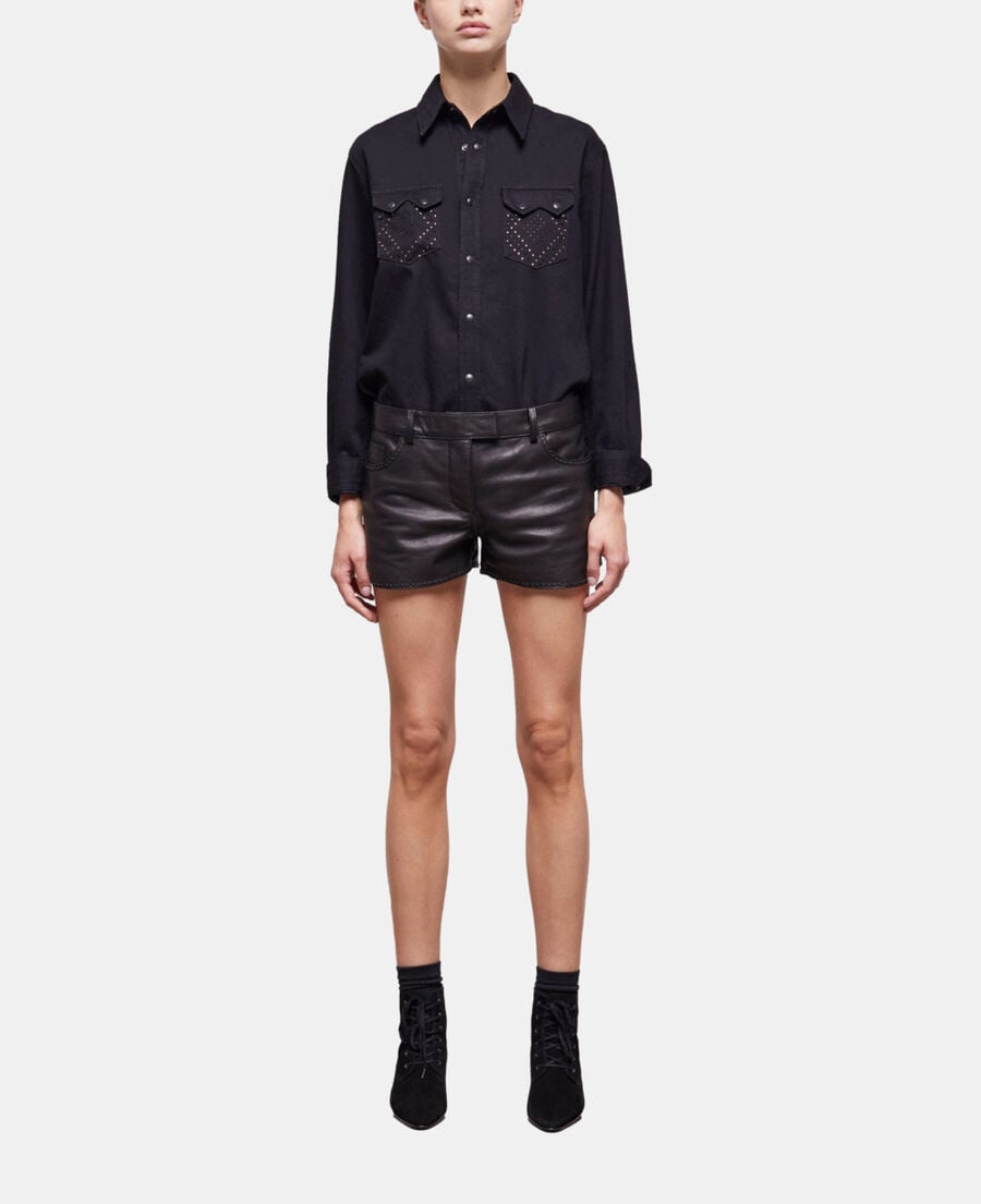 The Kooples WOMEN BLACK black leather shorts with studs