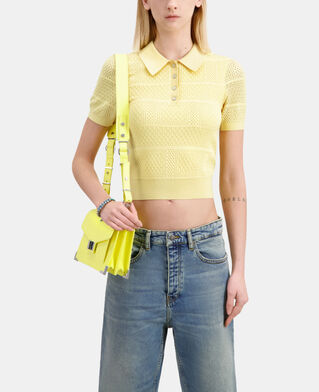 The Kooples F MELLOW YELLOW light yellow openwork knit polo t-shirt
