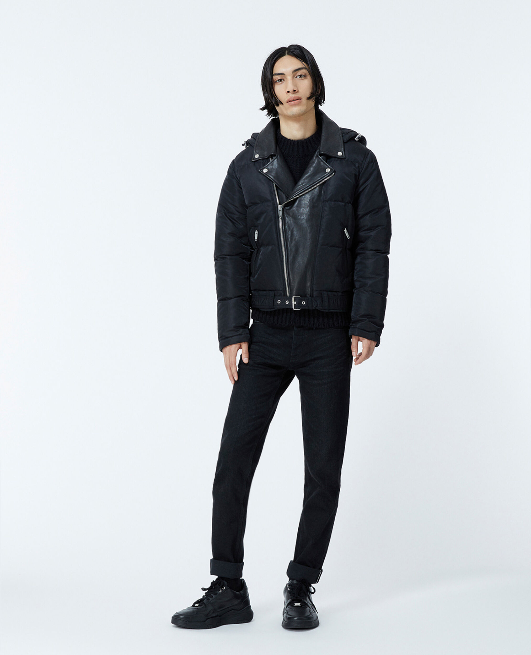 Quilted black down jacket with leather detail, BLACK, hi-res image number null